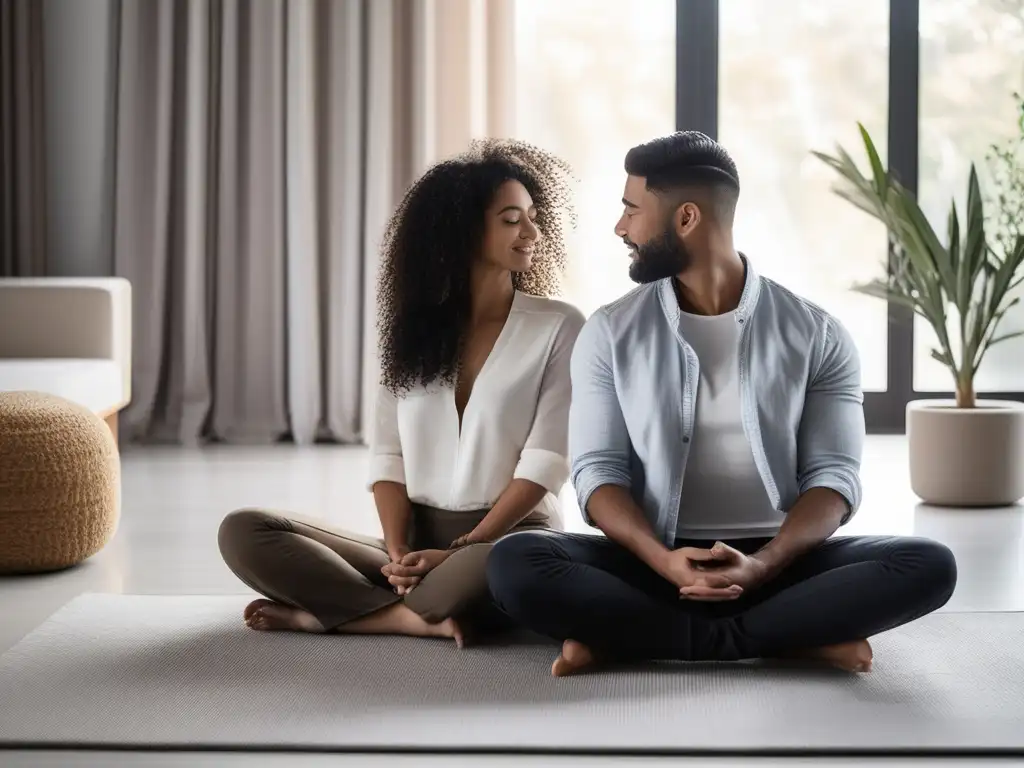 Pareja en posición de meditación, demostrando los beneficios del mindfulness en relaciones interpersonales