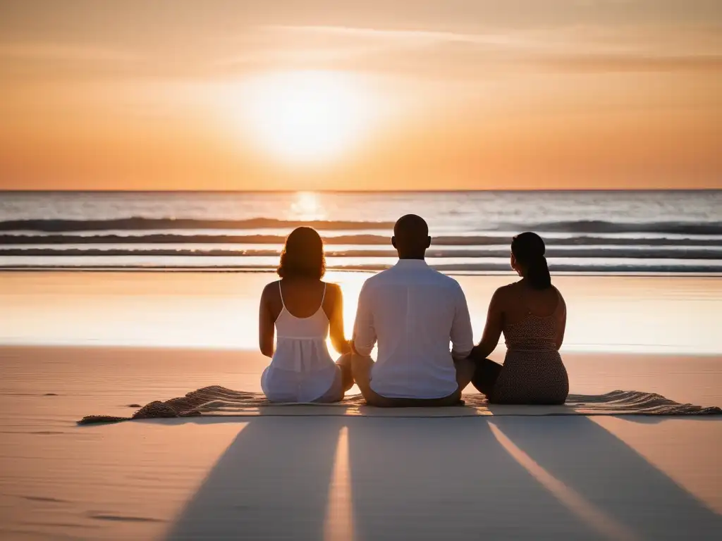 Beneficios del Mindfulness en relaciones amorosas: Pareja meditando en playa al atardecer