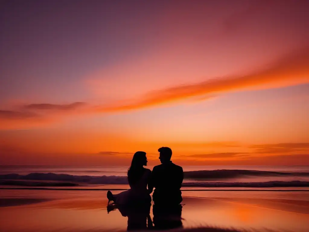 Pareja en playa al atardecer, reflejando amor y tranquilidad