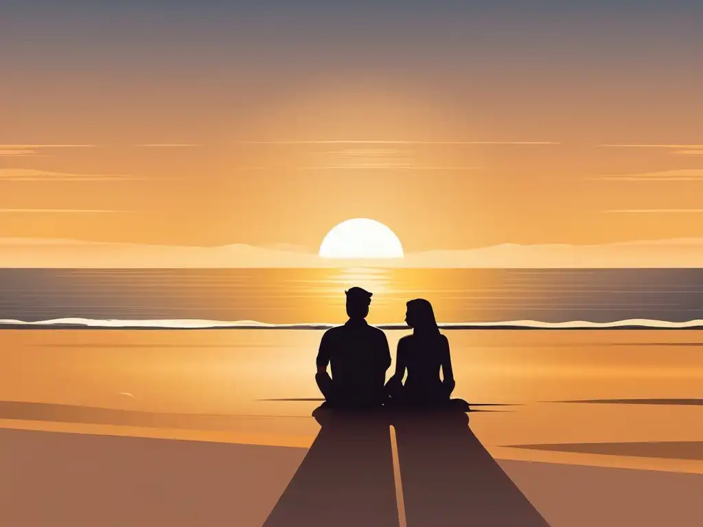 Pareja en playa al atardecer, conexión y tranquilidad