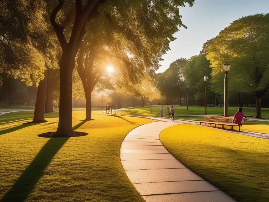 Parque sereno con sendero pavimentado y personas haciendo ejercicio