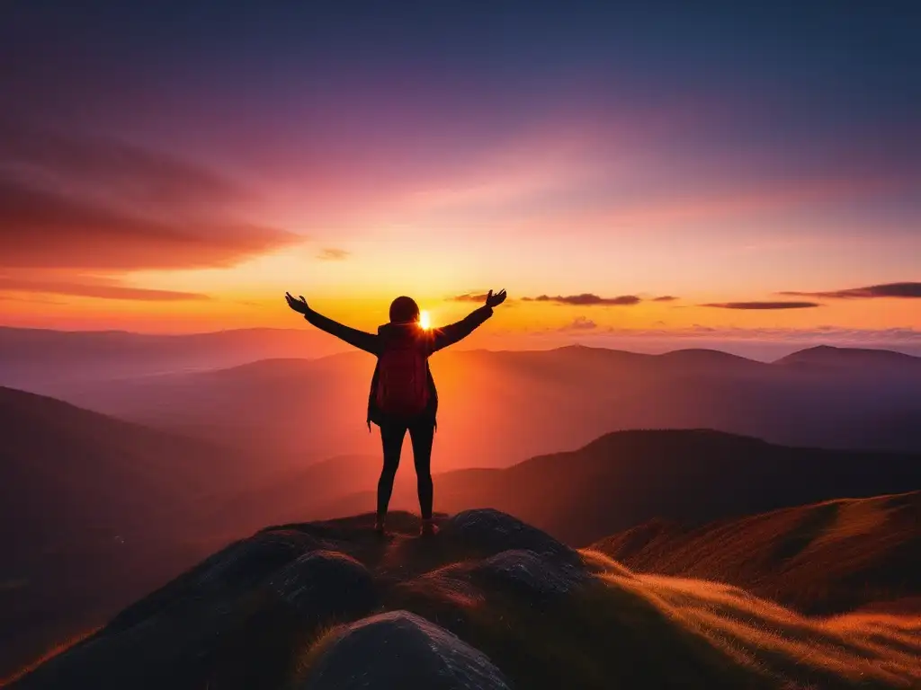 Beneficios de practicar gratitud diaria: Persona en la cima de una montaña, brazos abiertos al cielo, atardecer lleno de colores