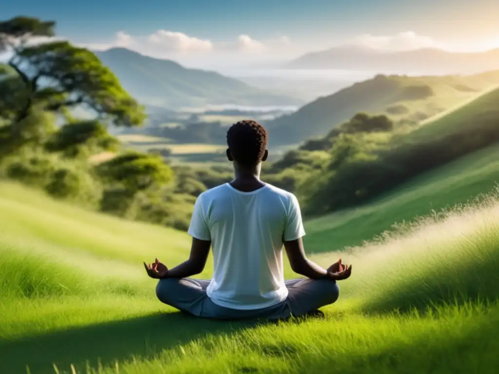 Persona meditando en un paisaje natural, transmitiendo equilibrio emocional con Terapia Gestalt