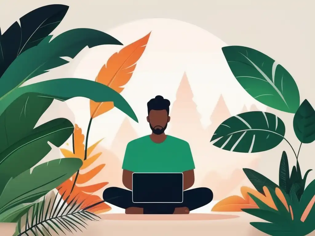 Consejos paz mental online: persona en paz, laptop con visualización positiva y naturaleza exuberante