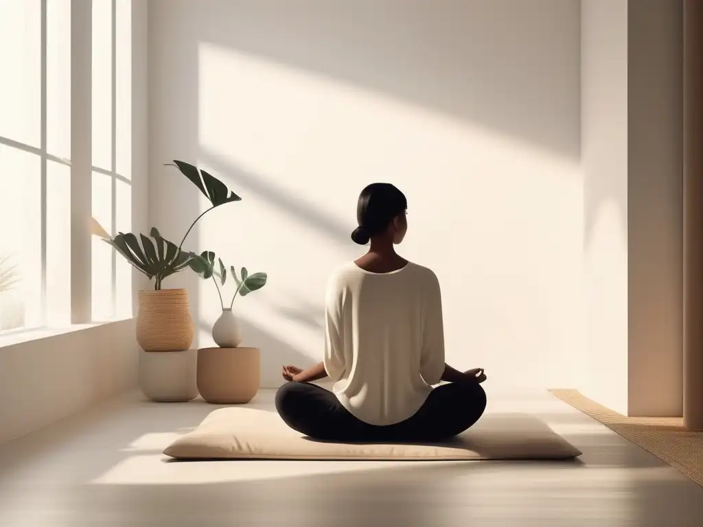 Hombre meditando en habitación serena, practicando mindfulness y técnicas de relajación