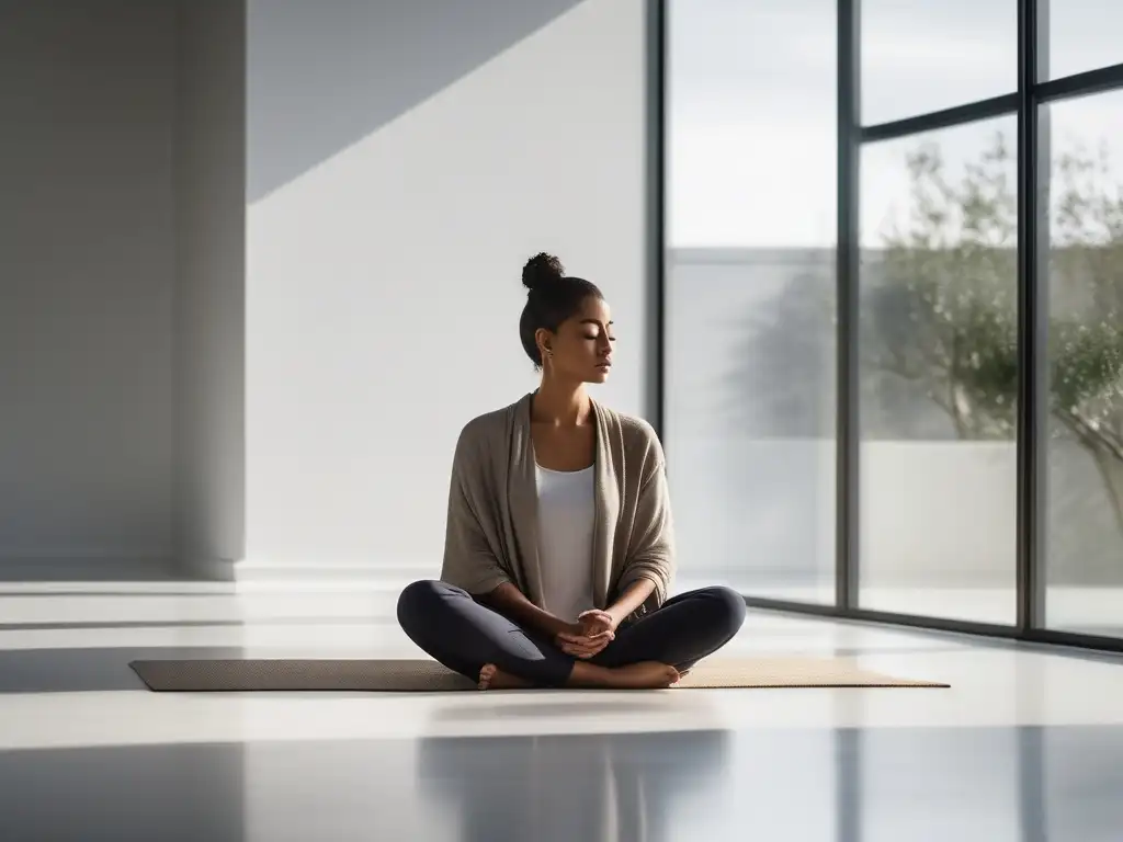 Consejos para practicar mindfulness en casa: persona en calma en un espacio minimalista y luminoso