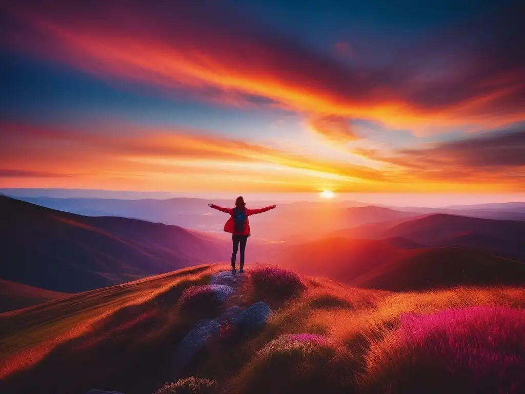 Persona en la cima de una montaña, abrazando la belleza de la naturaleza y la importancia de la gratitud en el bienestar