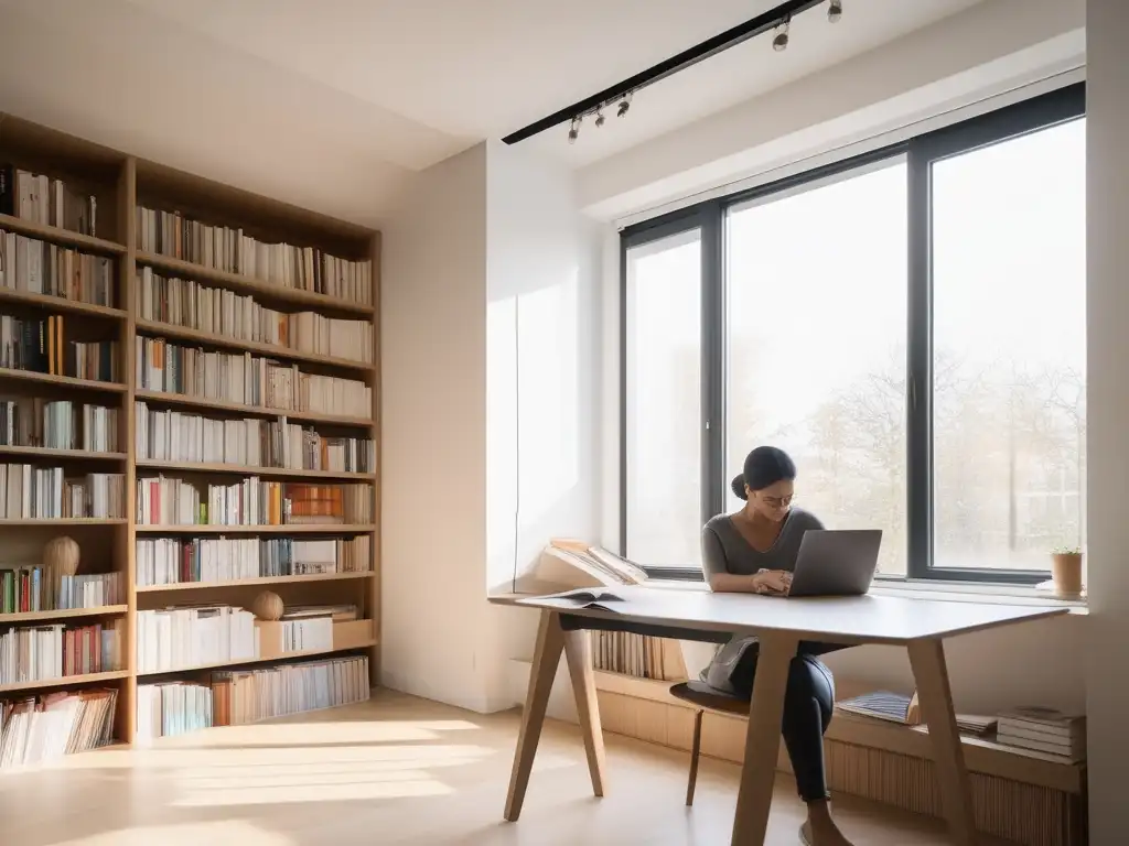 Persona en ambiente minimalista rodeada de libros y materiales educativos, aprendiendo en un espacio tranquilo y luminoso