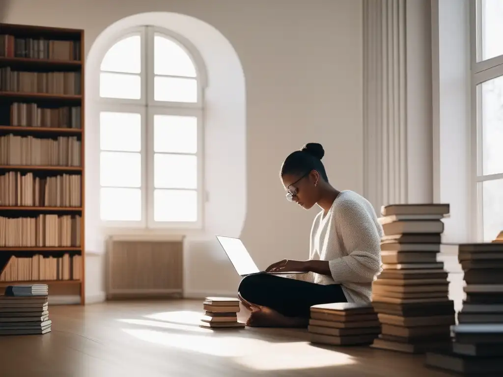 Persona aprendiendo técnicas de equilibrio emocional en un ambiente sereno y minimalista rodeado de libros y una laptop