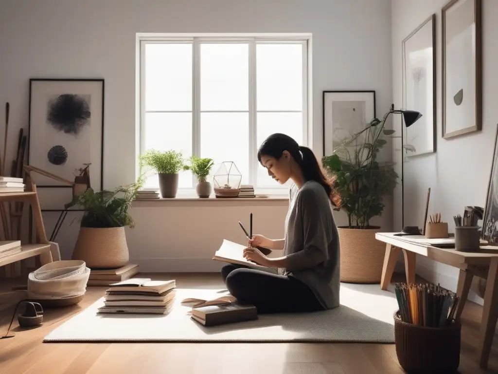 Persona creativa en una habitación minimalista y luminosa rodeada de suministros artísticos