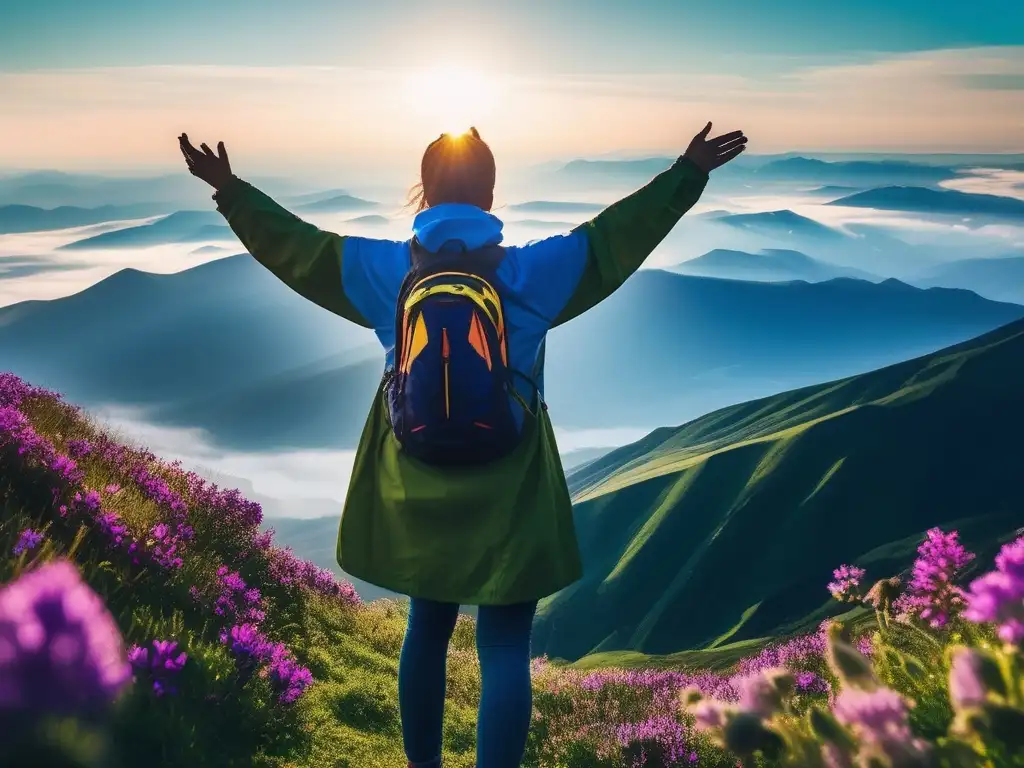 Persona empoderada en la cima de una montaña, rodeada de naturaleza exuberante y cielo azul