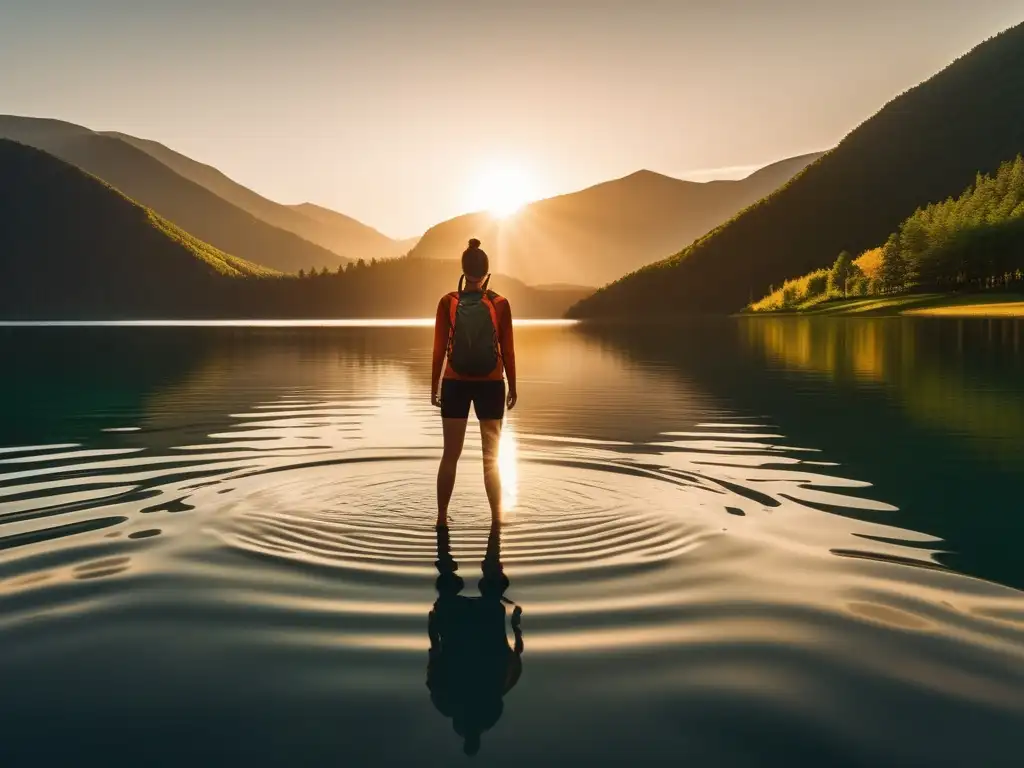 Persona empoderada en lago rodeado de montañas verdes: Importancia de la autoestima en la salud mental