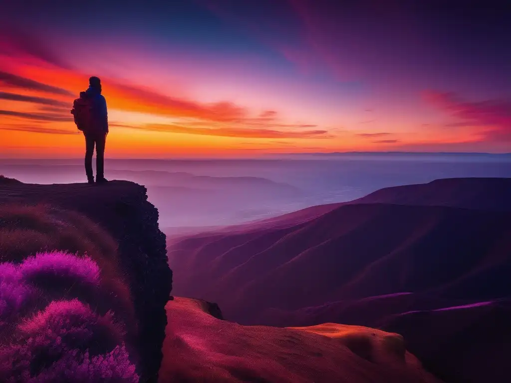 Persona contemplando paisaje sereno en el límite de un acantilado al atardecer