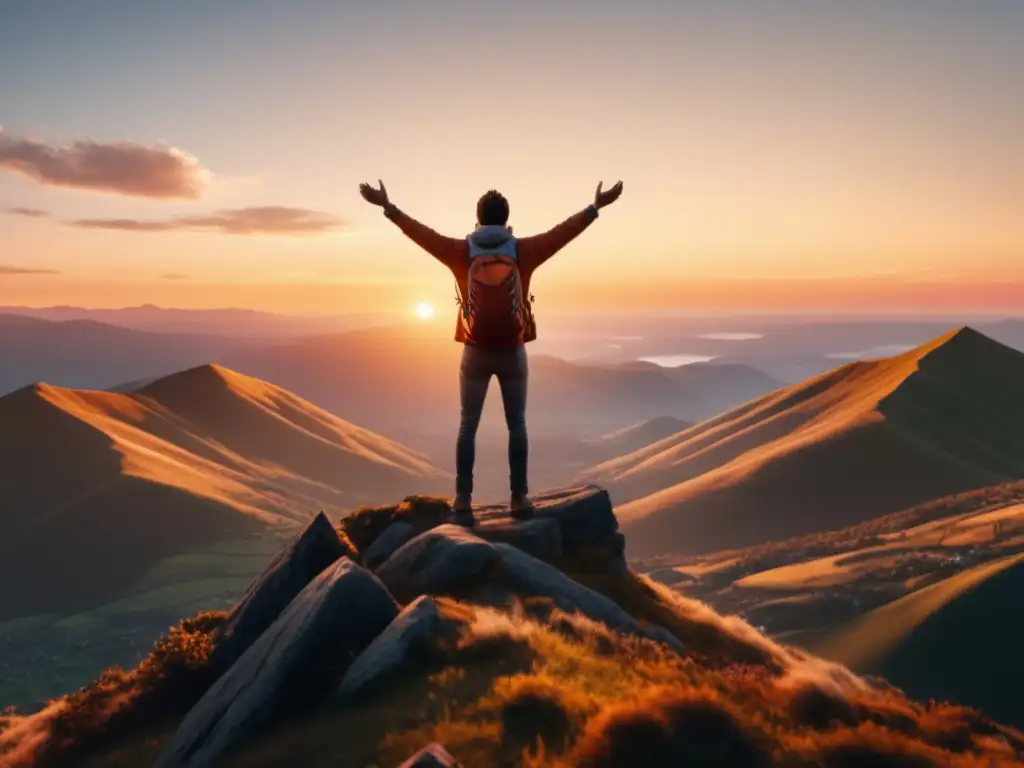 Persona en la cima de la montaña, alcanzando metas con gratitud y éxito