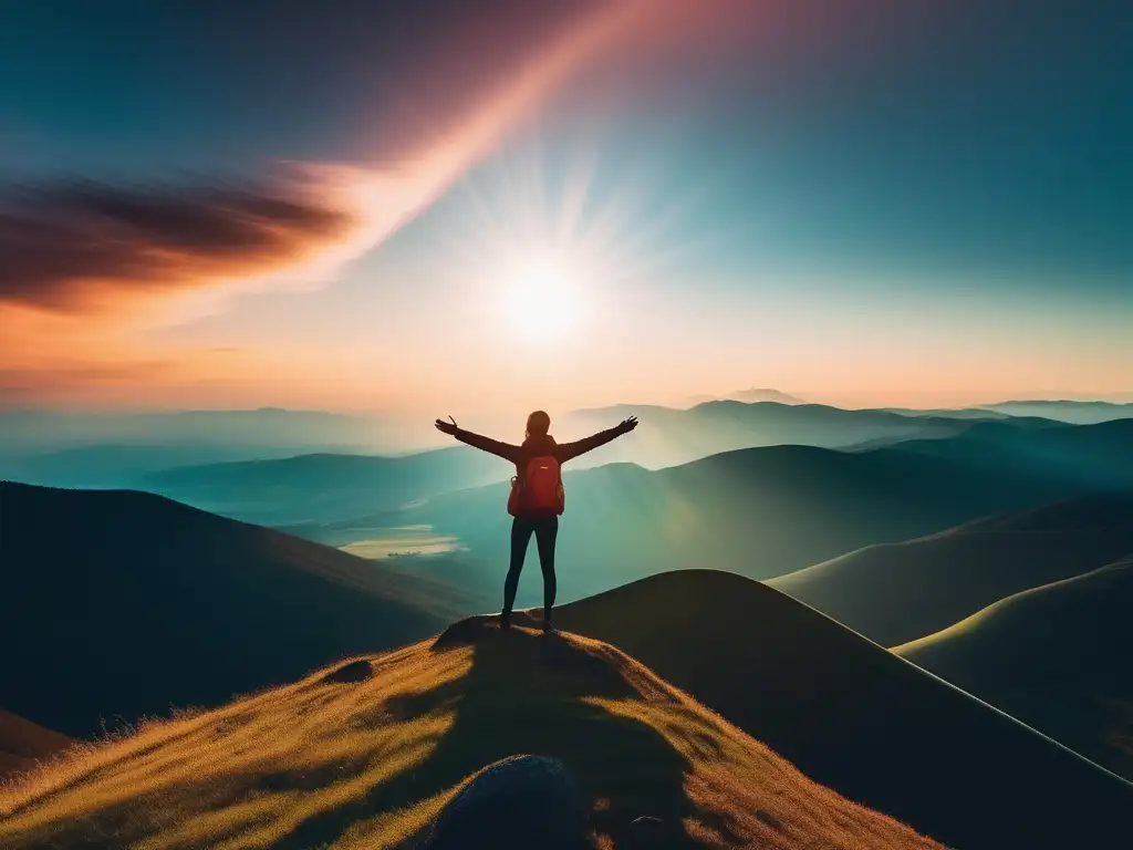 Persona en la cima de la montaña, brazos abiertos, rodeada de aura brillante