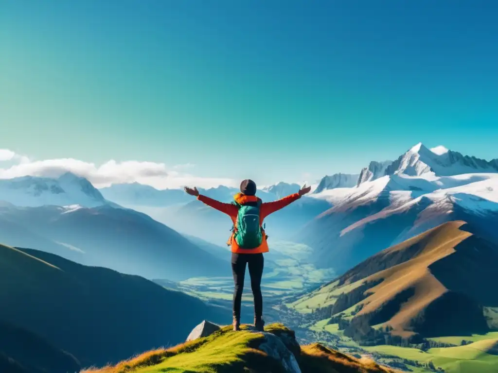 Persona en la cima de una montaña, rodeada de paisaje majestuoso