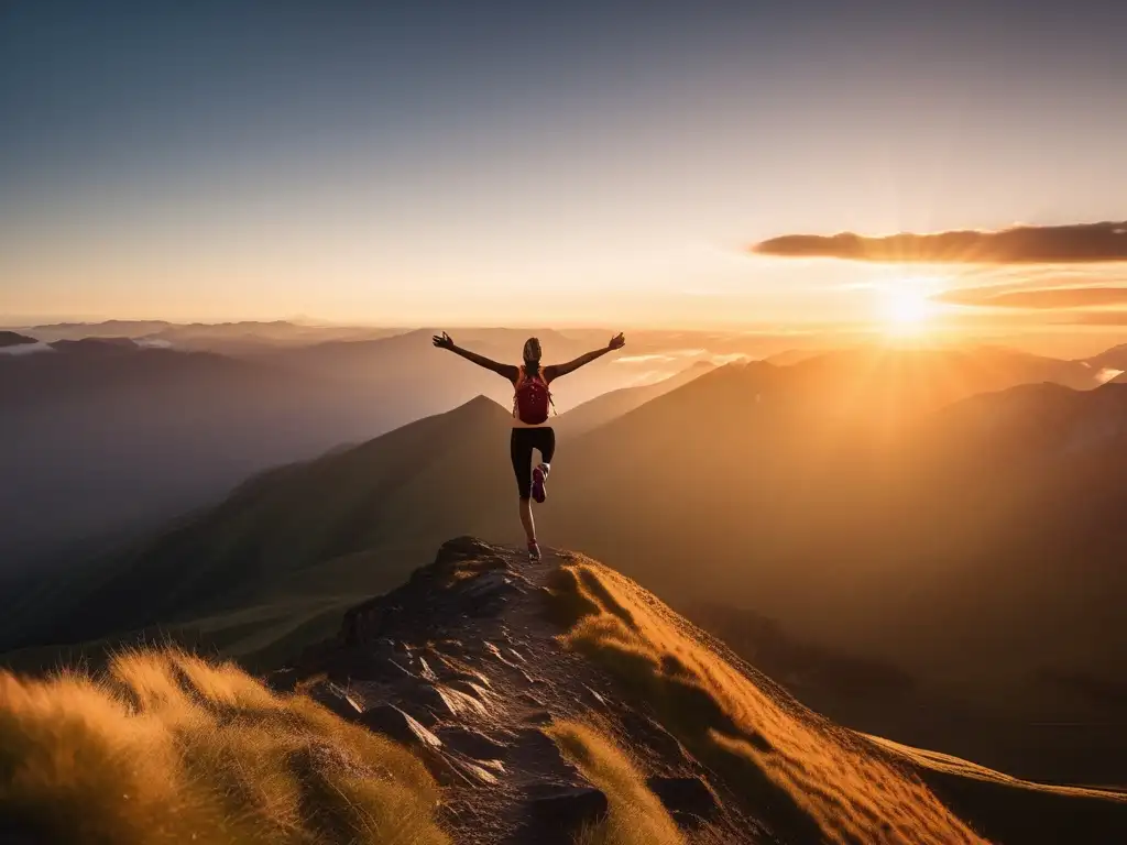 Persona en la cima de una montaña al amanecer, simbolizando la importancia de hábitos saludables y el cambio de vida