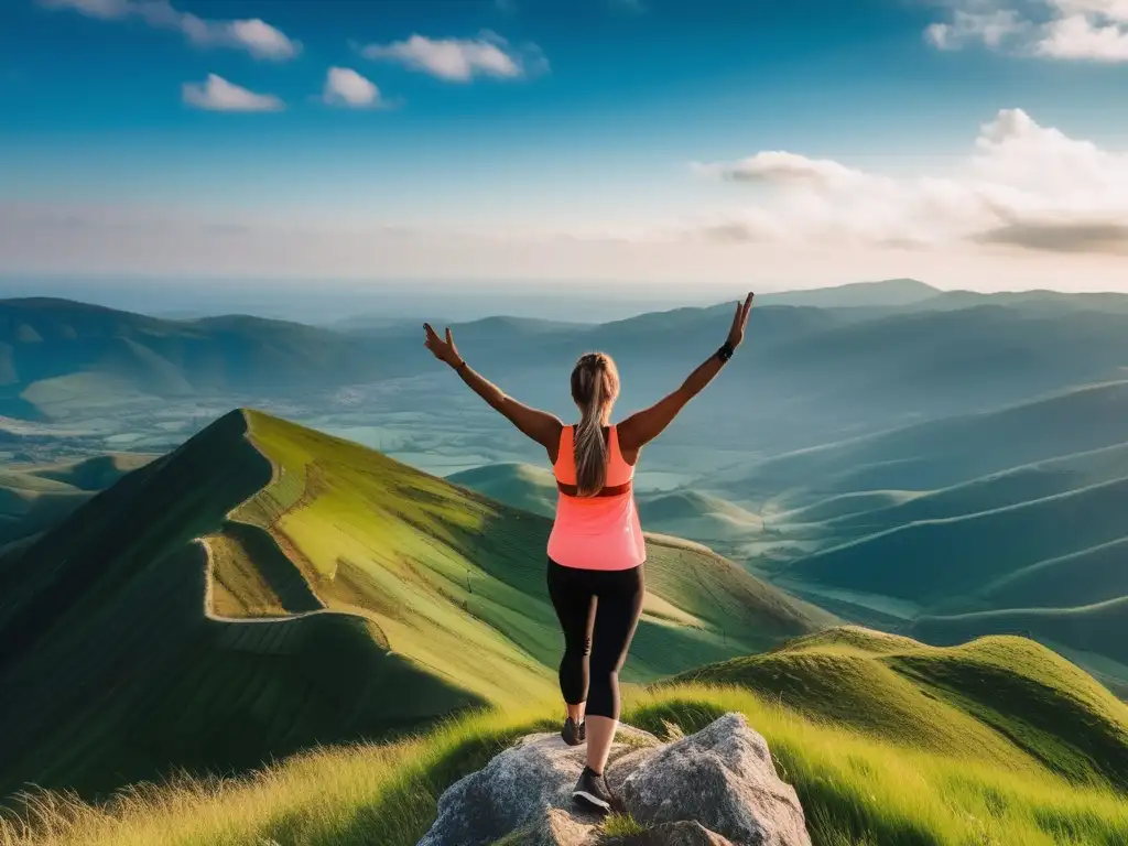 Persona en la cima de una montaña, expresando paz y felicidad