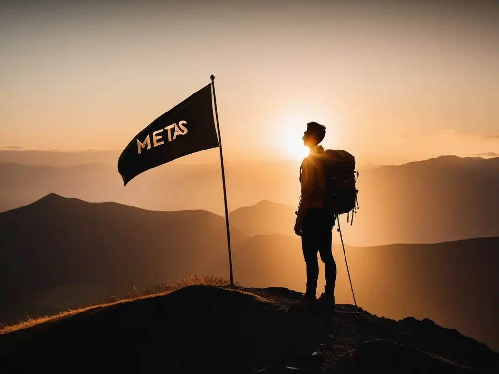 Persona en la cima de una montaña con bandera 