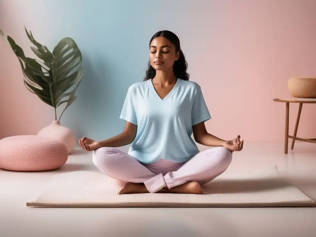 Persona en posición de meditación sobre cojín blanco, transmitiendo paz y practicando ejercicios de mindfulness