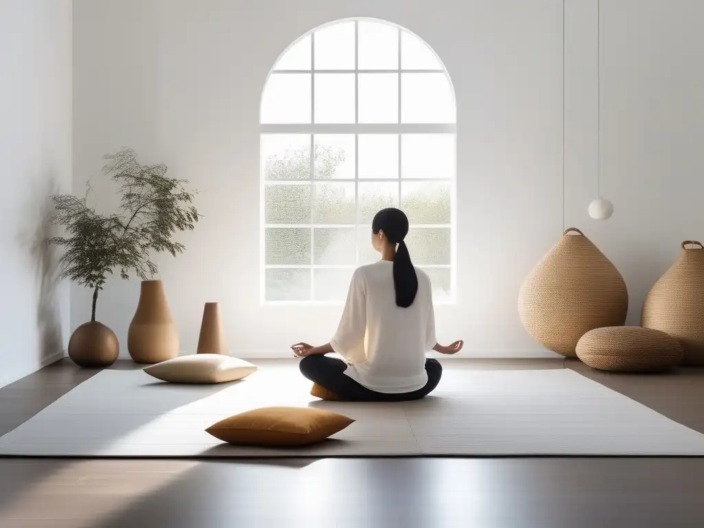 Persona meditando en una habitación luminosa y minimalista, con elementos taoístas