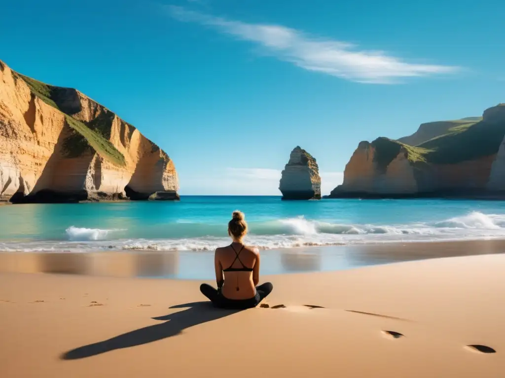 Persona en playa tranquila practicando mindfulness y técnicas de relajación: Manejo del estrés con calma y serenidad