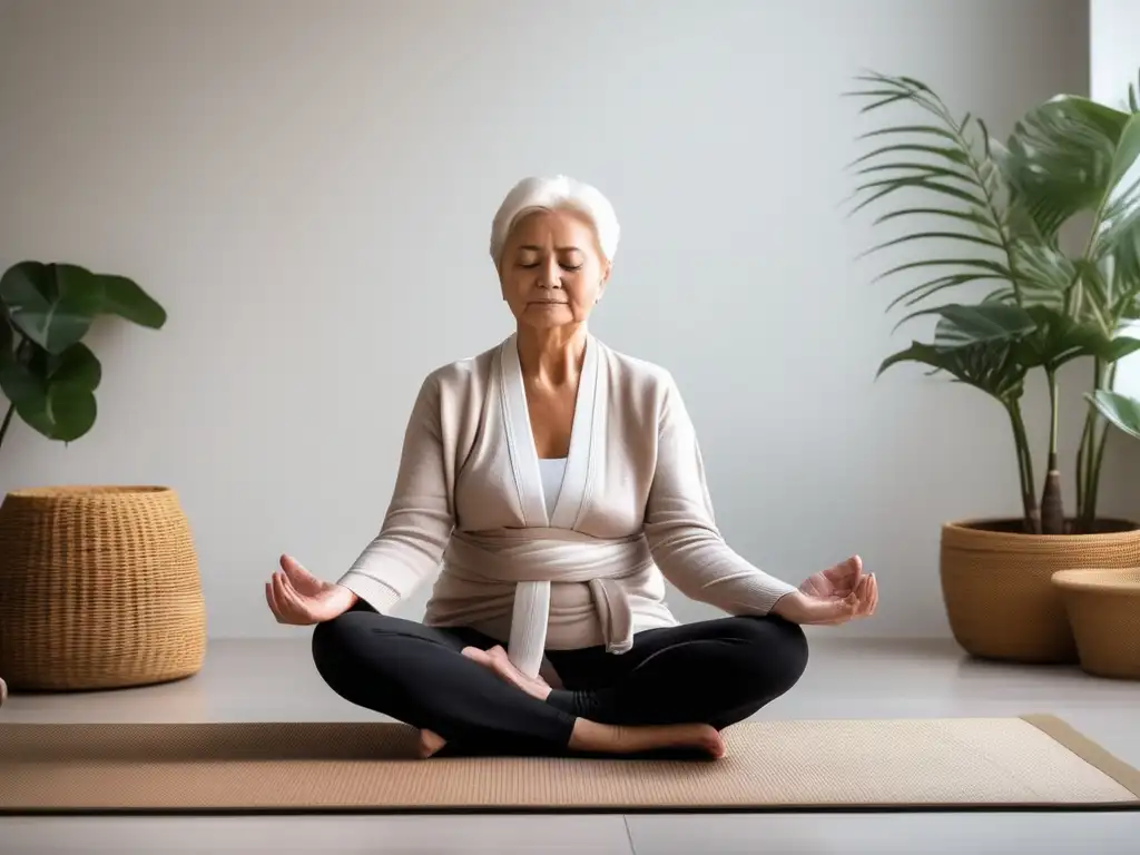 Consejos para mantener salud mental en la vejez: persona mayor meditando en una habitación iluminada y tranquila