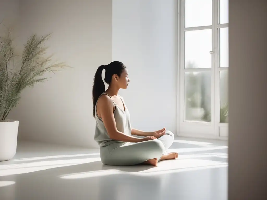 Persona meditando en un entorno minimalista, promoviendo la neurociencia y el equilibrio emocional