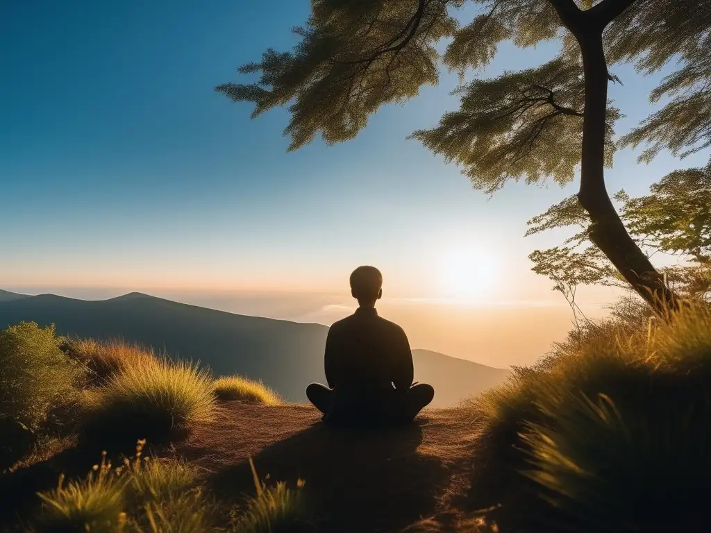 Imagen: Persona meditando en la cima de una montaña rodeada de naturaleza, transmitiendo tranquilidad y equilibrio emocional