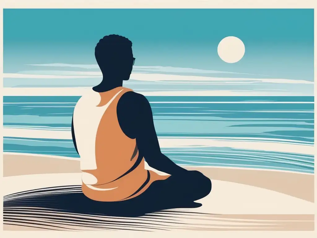 Persona meditando en playa, reflexión salud mental