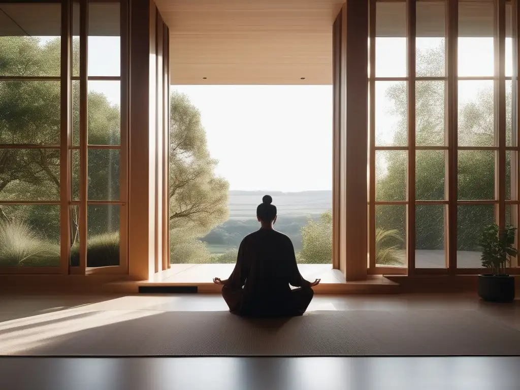 Persona en tranquilidad en una habitación minimalista, promoviendo beneficios del Mindfulness para la autoestima