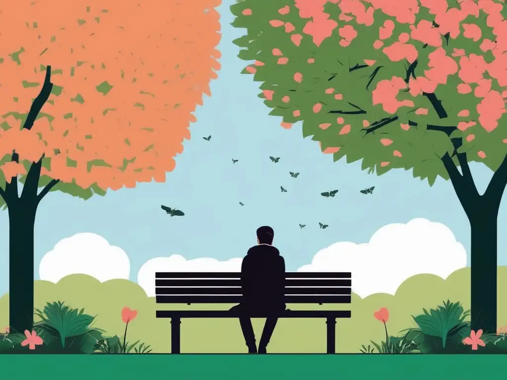 Ilustración minimalista de una persona reflexiva en un parque tranquilo