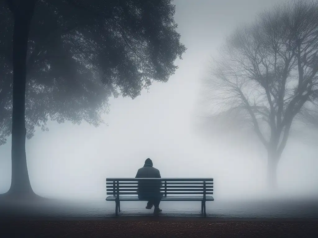 Persona solitaria en banco del parque, rodeada de niebla densa