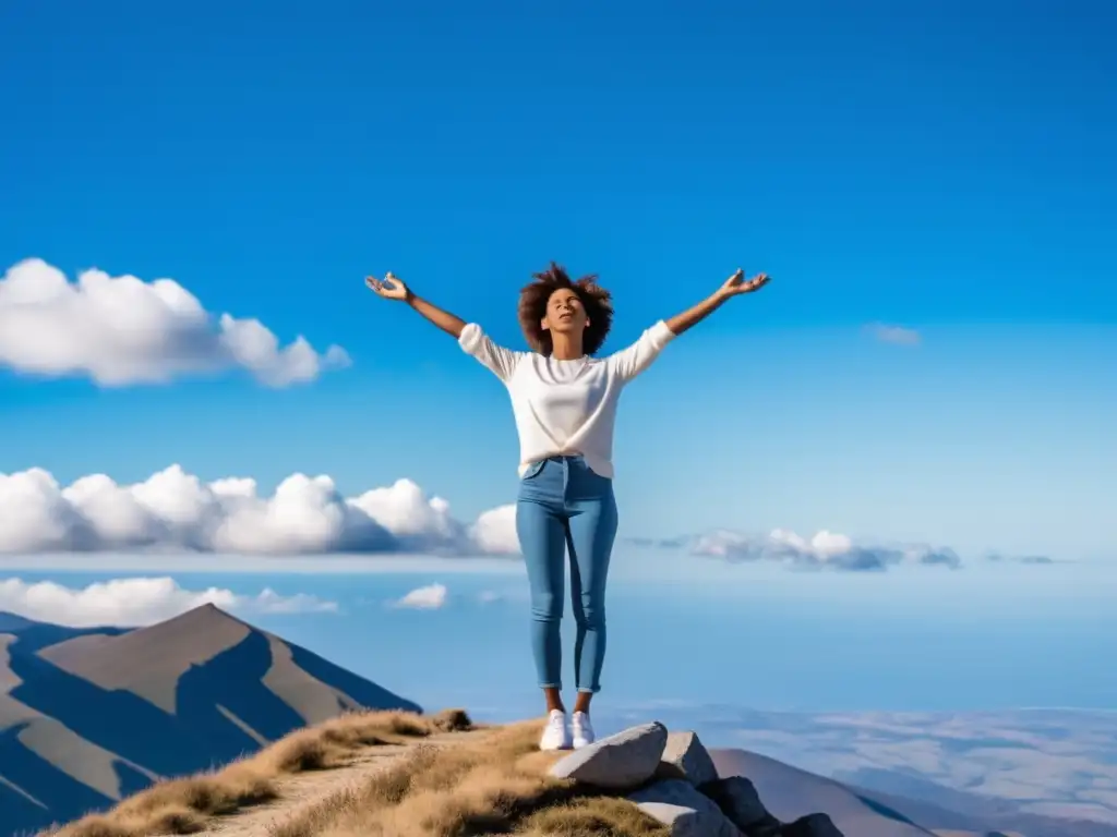 Persona confiada en la cima de una montaña, vestida con ropa moderna y expresión de autoestima, lista para conquistar desafíos