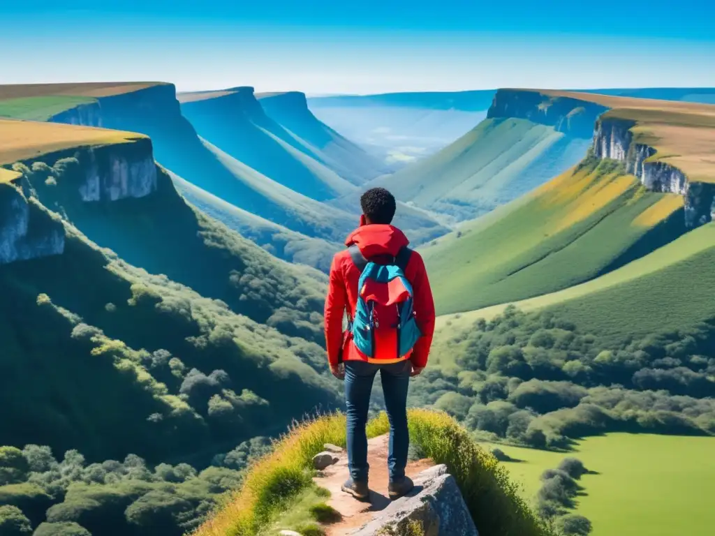 Persona en acantilado, vistiendo chaqueta roja y mochila, paisaje hermoso