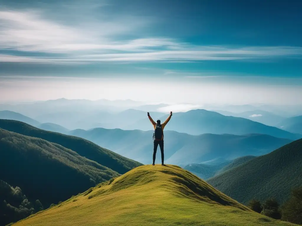 Influencia de metas en autoestima: persona victoriosa en la cima de una montaña, simbolizando logros y superación personal