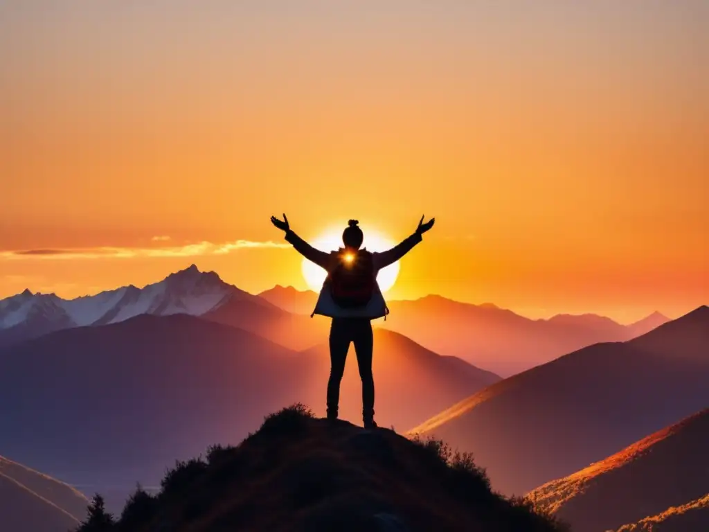 Silueta en cima de montaña, atardecer dorado, gratitud y metas alcanzadas