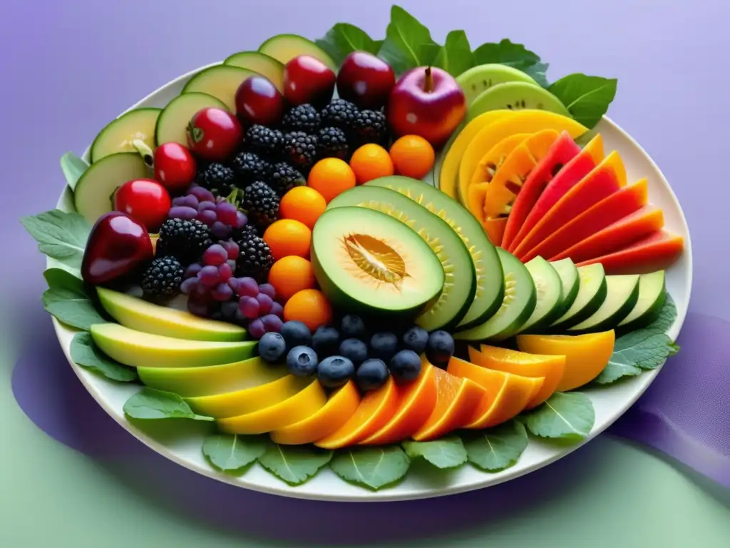 Plato de frutas y verduras coloridas, arregladas con arte, evocando frescura y beneficios de una dieta equilibrada