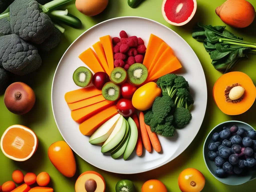 Plato con frutas y verduras ricas en Vitamina A, beneficios para la salud mental