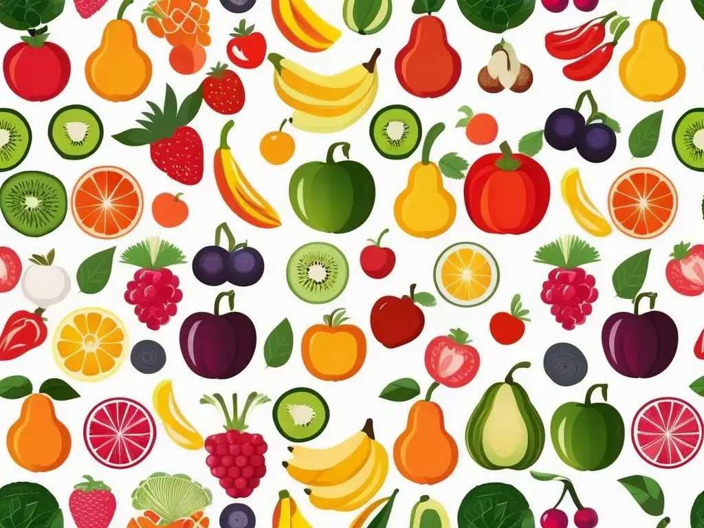 Alimentos para combatir la Distimia: Plato lleno de frutas y verduras vibrantes y coloridas, frescas y saludables