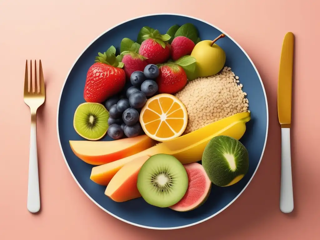 Influencia alimentación en el ánimo: Plato equilibrado con frutas, verduras, granos enteros y proteínas magras