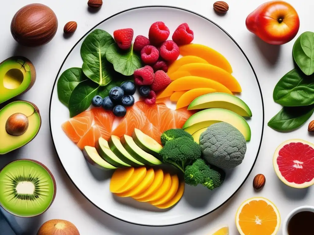 Plato minimalista con frutas y verduras coloridas, ricas en omega3 y triptófano