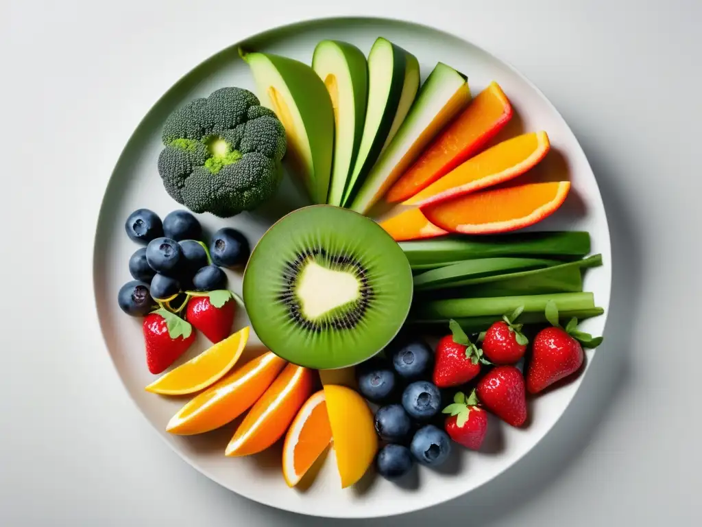 Beneficios de una dieta equilibrada: plato de frutas y verduras coloridas y nutritivas en una composición artística y atractiva