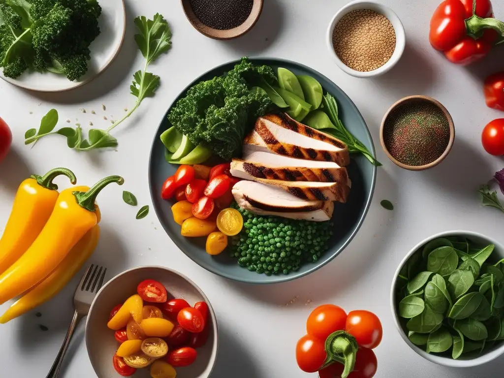 Alimentación salud mental hábitos saludables - Imagen de plato de comida colorida y nutritiva en una cocina moderna