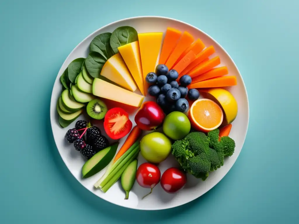 Nutrición para prevenir Alzheimer: Plate de frutas y verduras coloridas, enfocando en DASH, MIND y baja grasa saturada