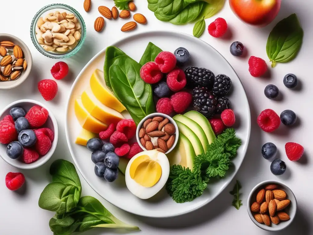 Plato con alimentos coloridos y nutritivos para la salud mental: verduras, frutas, nueces y proteínas