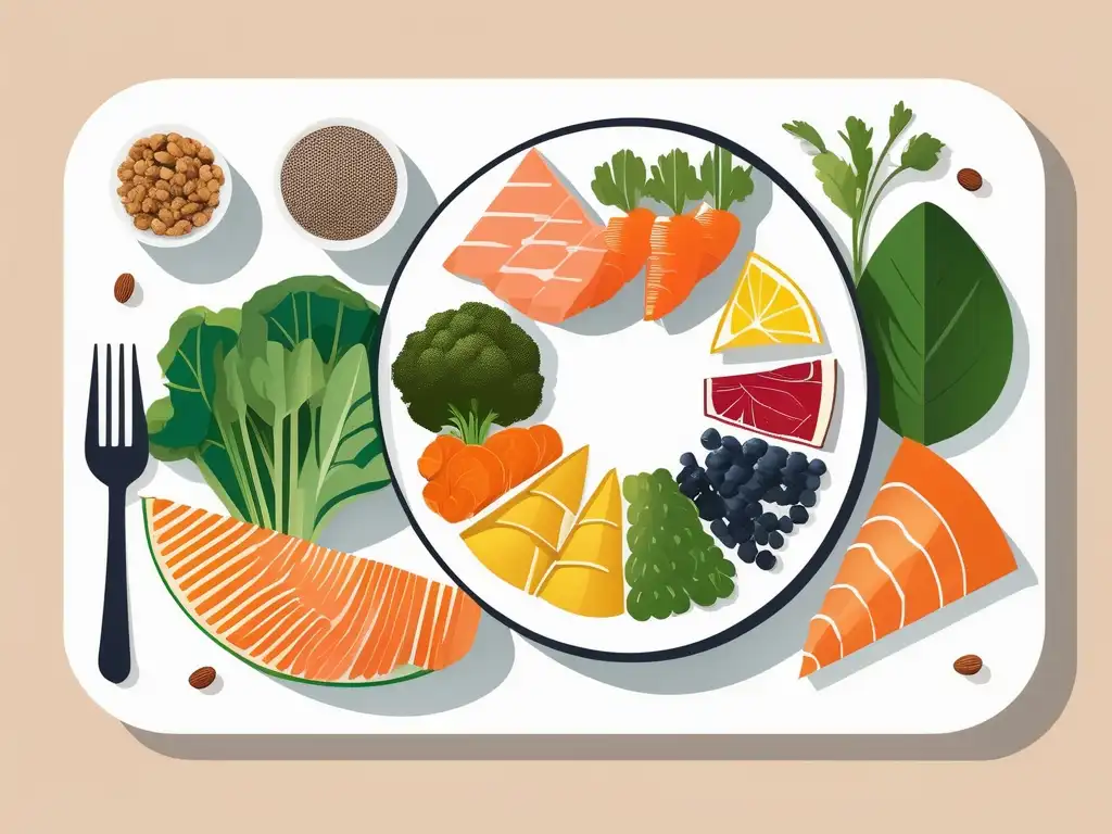 Influencia dieta en trastornos bipolares: Plato equilibrado con alimentos ricos en omega3, vegetales coloridos y frescos