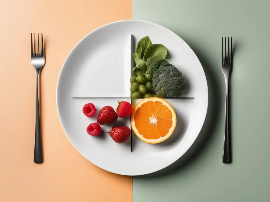 Impacto cultural trastornos alimentarios: plato 8k minimalista, simétrico, con frutas y verduras en una mitad y espacio vacío con tenedor en el centro, representa equilibrio y lucha contra los trastornos alimentarios