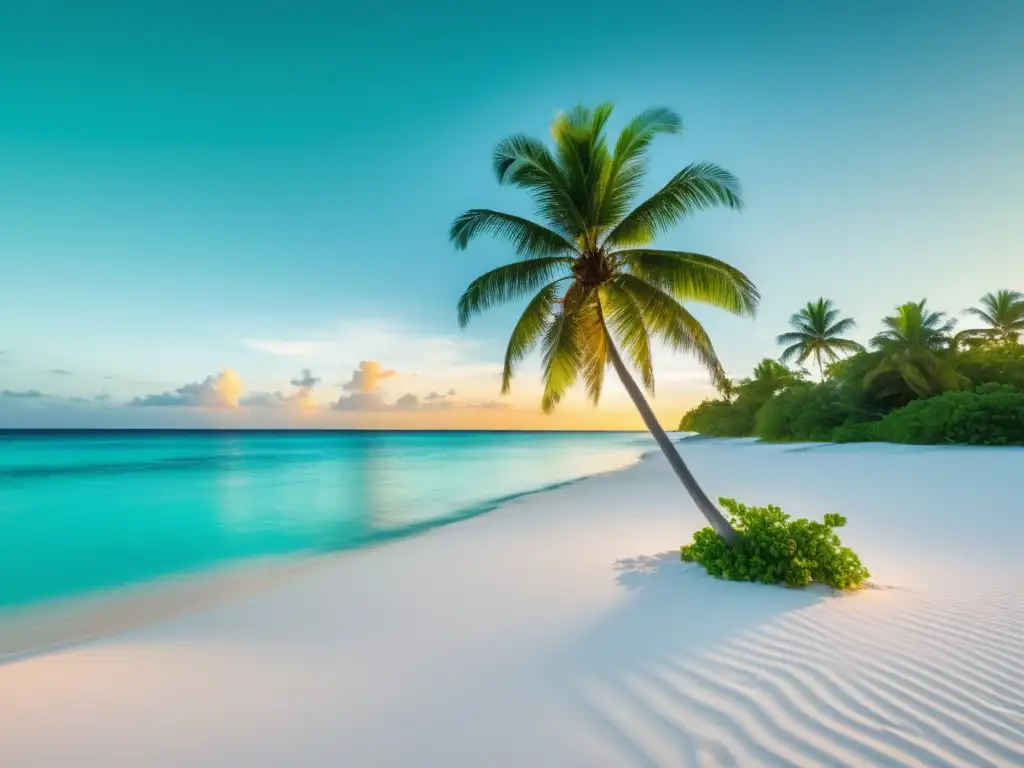 Influencia cultura caribeña en salud mental: Playa caribeña al atardecer con arena blanca, aguas turquesas y una palmera solitaria