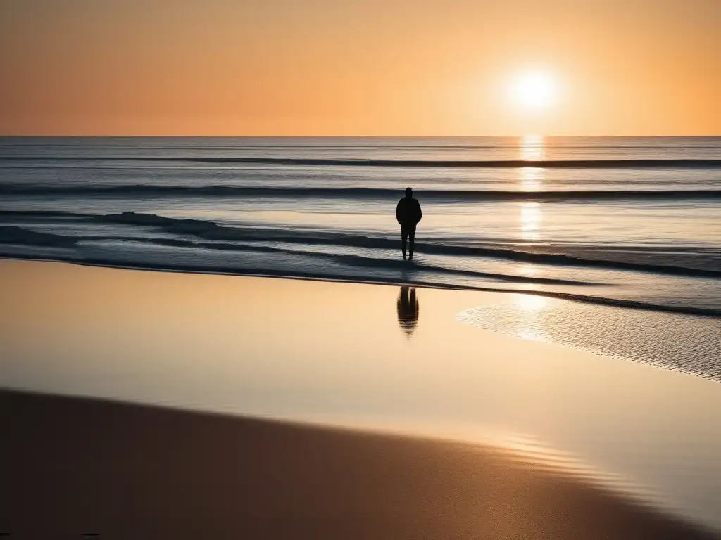 Importancia autoestima: playa serena, sol dorado, aguas cristalinas, figura solitaria, contemplación, tranquilidad, reflexión